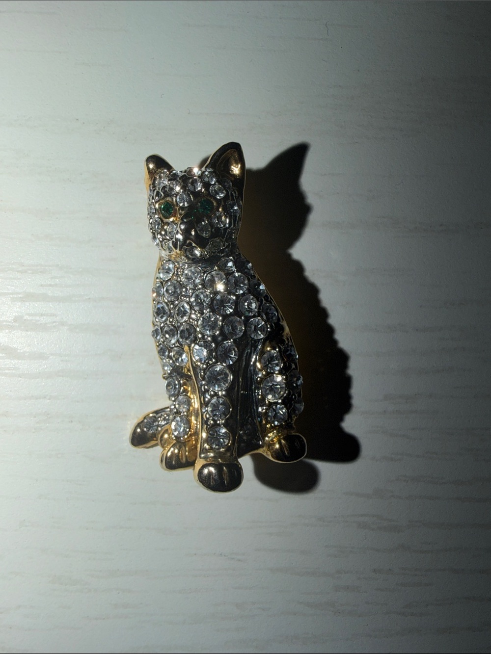 Gold-Tone Crystal Cat Brooch - Clear Rhinestones, Green Eyes